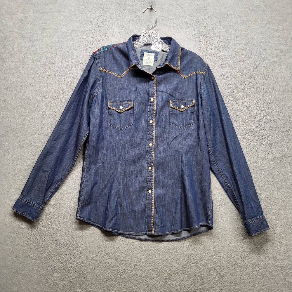 Panhandle‎ Rough Stock Women Button Up Shirt M Blue Denim Pearl Western Yoke
